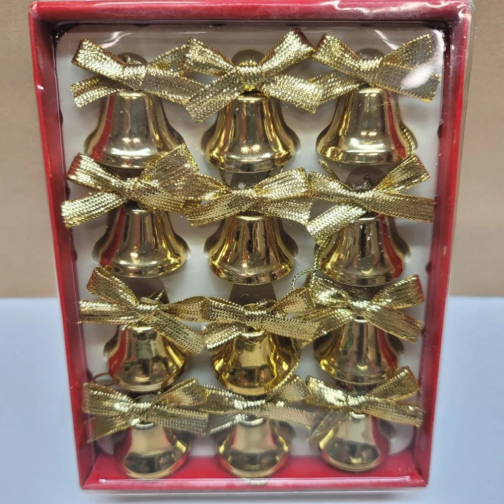 Holiday Style Gold Metal Christmas Bell Ornaments with Bows 36 Count 1 Inch